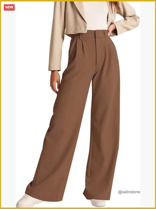 Pants - High Waisted Work Pants with Pockets, Polyester Spandex Fabric